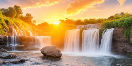 Panorama of Iguazu Waterfalls at sunset, Argentinaの素材