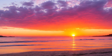 Beautiful sunset on the beach. Panoramic view of a beautiful sunset over the sea.の素材