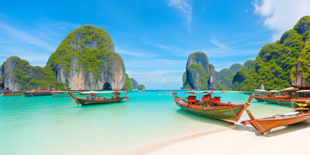 Panoramic view of long tail boats at Maya Bay, Krabi, Thailandの素材