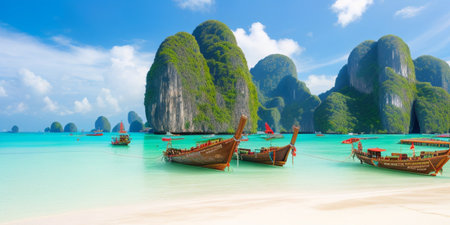 Panorama of long tail boats on tropical beach, Krabi, Thailandの素材
