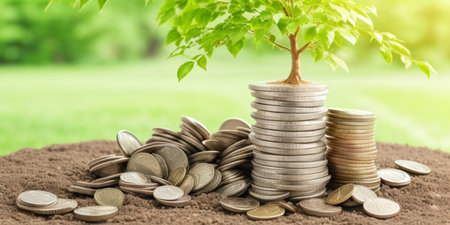 Investment concept, Coins in the ground with green nature background.の素材