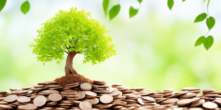 Investment concept, Coins with tree growing from pile of coins, green backgroundの素材