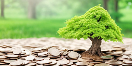 Investment concept, Coins stack with green tree growing on coins backgroundの素材