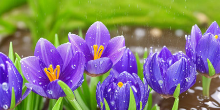 Purple crocuses with water drops in the garden. Spring background.の素材
