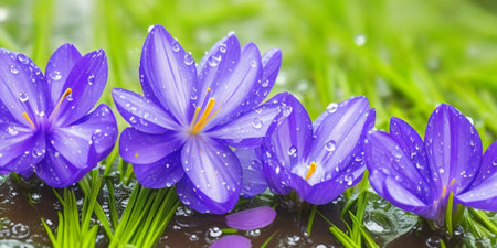Beautiful crocus flowers on green grass background with water drops.の素材