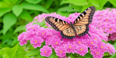 Monarch butterfly on pink flowers in the garden. Selective focus.の素材