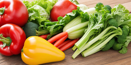 Composition with fresh vegetables on wooden background. Balanced diet concept.の素材