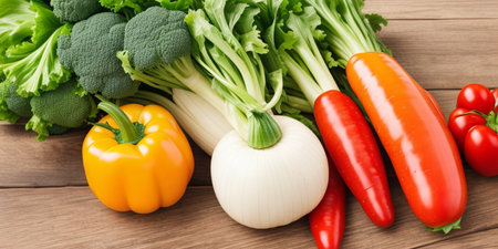 Fresh vegetables on wooden table. Healthy food background. Top view.の素材