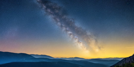 Milky way over the mountains at night. Beautiful sky with stars.の素材
