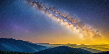 Milky Way over the Carpathian Mountains. Panoramic viewの素材
