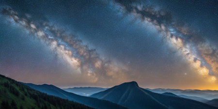 Panoramic view of starry night sky with milky way over mountainsの素材