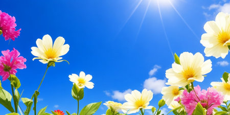 flowers on blue sky background with sun and lens flare effect.の素材