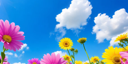 Colorful daisies on a background of blue sky with cloudsの素材