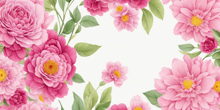 Floral background with pink peony flowers and green leaves. Vector illustration.の素材