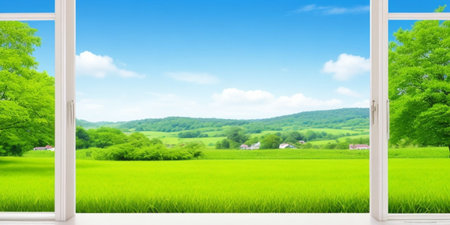 Green rice field and blue sky with white clouds, natural background.の素材