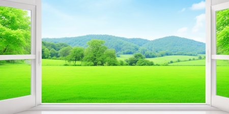 Beautiful landscape with green meadow and blue sky. 3d renderingの素材
