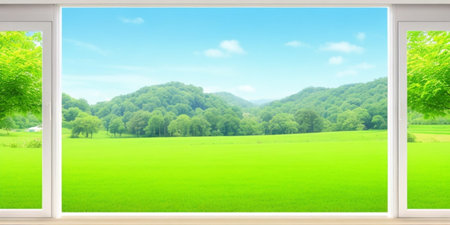 Green field and blue sky in the window. 3d rendering.の素材