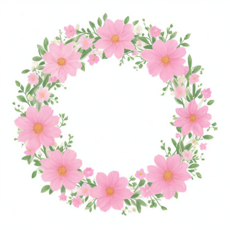 Watercolor floral wreath with pink flowers and green leaves on white backgroundの素材