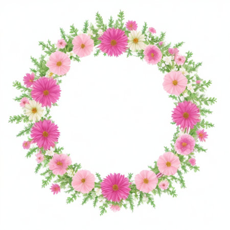 Floral wreath with pink and white flowers isolated on white backgroundの素材