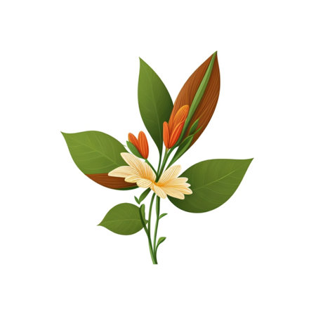 Bouquet of yellow and orange flowers with green leaves isolated on white background. Vector illustration.の素材