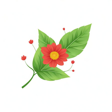 Beautiful red flower with green leaves on a white background. Vector illustration.の素材