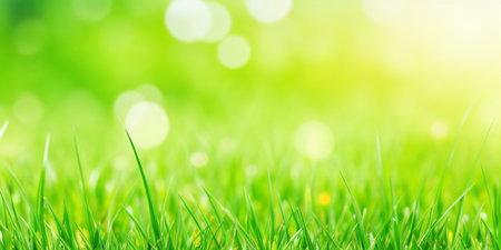 Green grass background with bokeh light effect. Spring nature concept.の素材
