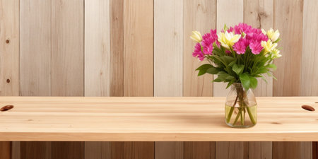 Wooden shelf and vase with beautiful flowers on wooden wall backgroundの素材
