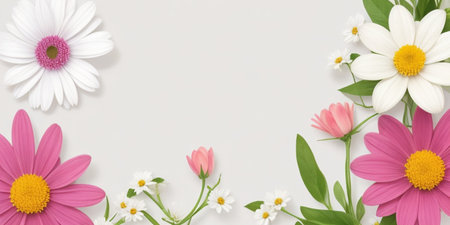 Flowers composition. Frame made of daisies and chamomiles on white background. Flat lay, top view, copy spaceの素材