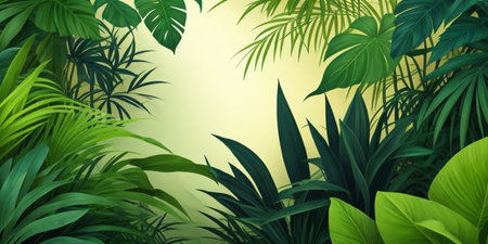 Tropical leaves background. 3D illustration. Green leaves background.の素材
