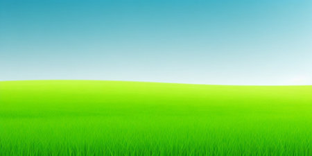 Beautiful green grass field and blue sky background. Vector illustration.の素材
