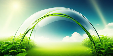 Soap bubble with green grass and blue sky, 3d renderの素材