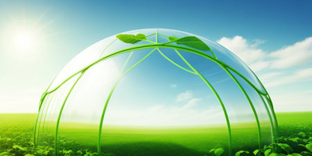 Greenhouse and plant in glass sphere against blue sky with white cloudsの素材