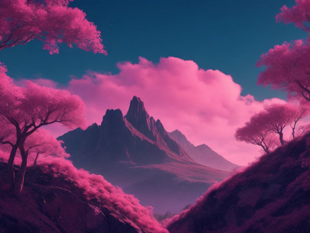Fantasy landscape with trees and mountains in pink and violet colors.の素材