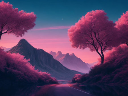 Fantasy landscape with lake and mountains in the background. Digital painting.の素材