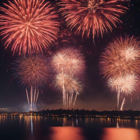 Colorful fireworks of various colors over night sky with reflection on waterの素材