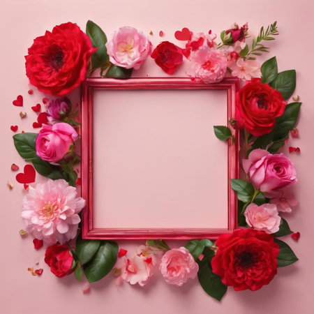 Flowers composition. Frame made of pink and red rose flowers on pink background. Flat lay, top view, copy spaceの素材