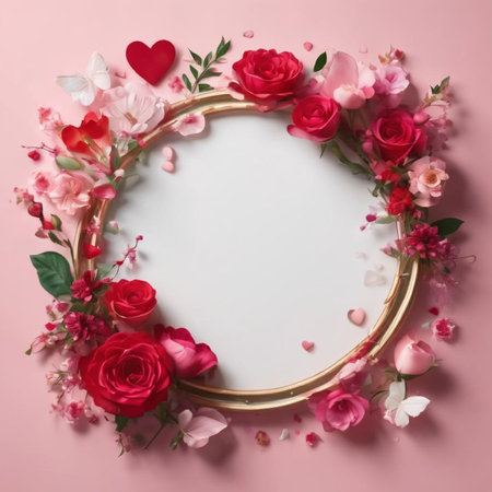 Round frame with beautiful flowers and leaves on color background, top viewの素材