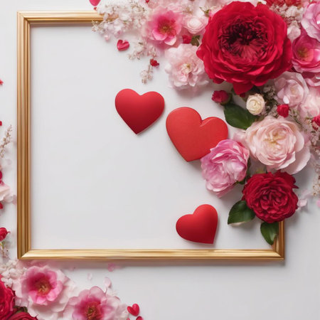 Valentine's day background with frame and flowers on white backgroundの素材