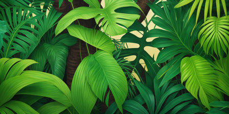 Tropical leaves background. Realistic green leaves of Monstera plant.の素材