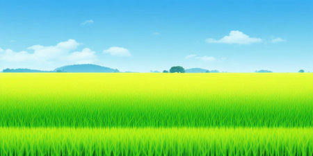Green rice field and blue sky background. Vector illustration. EPS10の素材