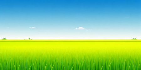 Green rice field and blue sky. Nature background. Vector illustration.の素材