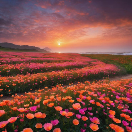 poppy flower field at sunset in Taipei,Taiwan.の素材
