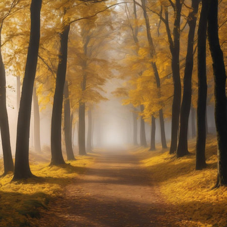 Autumn forest with fog and sunbeams - 3d renderの素材