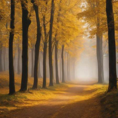 Autumn forest in misty morning. The path in the autumn forestの素材