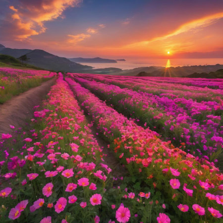 Cosmos flowers blooming in the field at sunset, Thailand.の素材