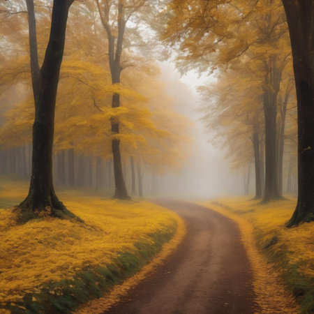 Autumn road in the foggy forest with yellow leaves and treesの素材