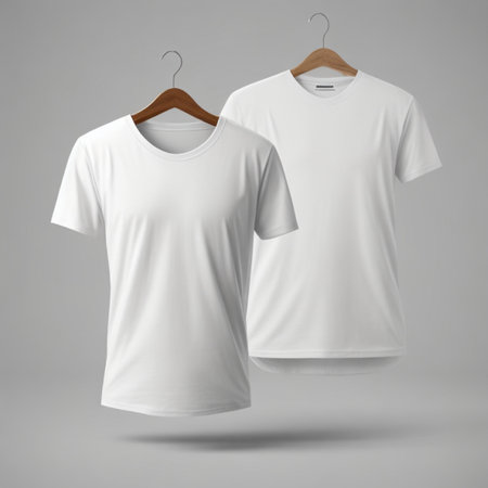 White t-shirt on hanger isolated on grey background. 3d renderingの素材