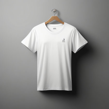 White t-shirt mockup on hanger isolated on grey backgroundの素材