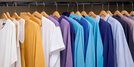 Colorful shirts on hangers in a fashion store. Shallow depth of fieldの素材