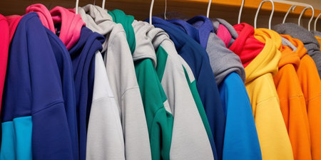 Close up of colorful t-shirts on hangers in a shopの素材